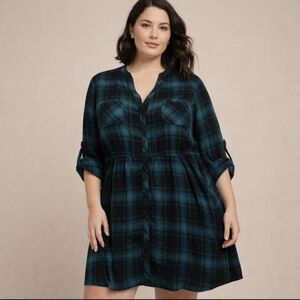Torrid Dress Plaid Blue Jersey Plaid Flannel Shirt Dress Size 3 3X Preppy
